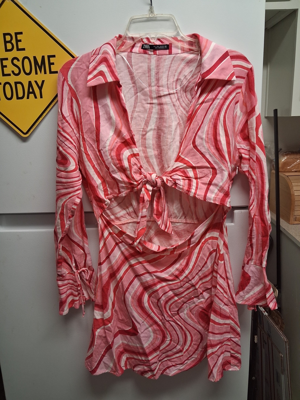 Zara Red & Pink Swirl Tie-Front Tunic Top